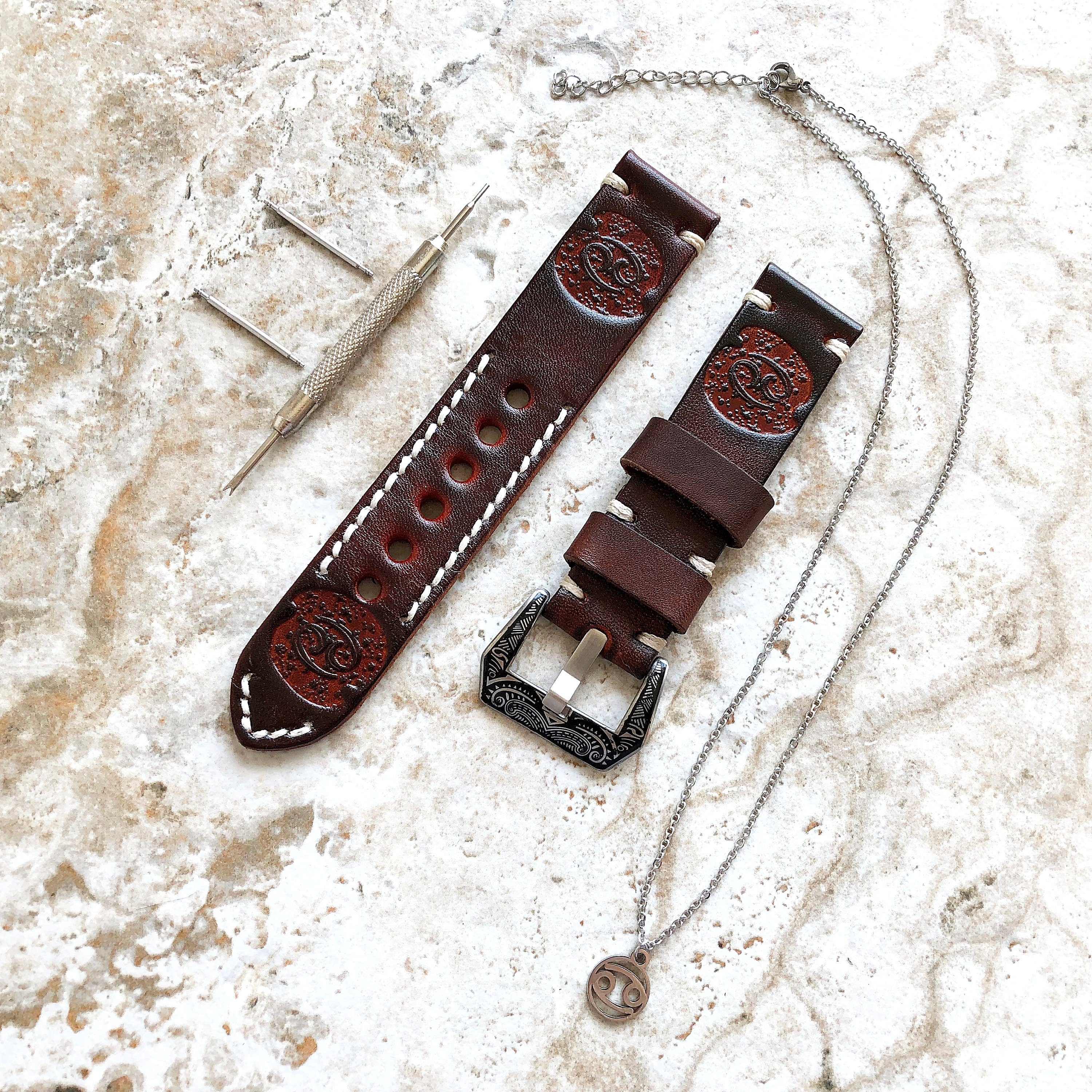 Cancer Zodiac Band 22mm 24mm 25mm Genuine Brown Leather Tooled Embossed Handmade Strap Bracelet Kit for Watches and 25" Pendants Necklace